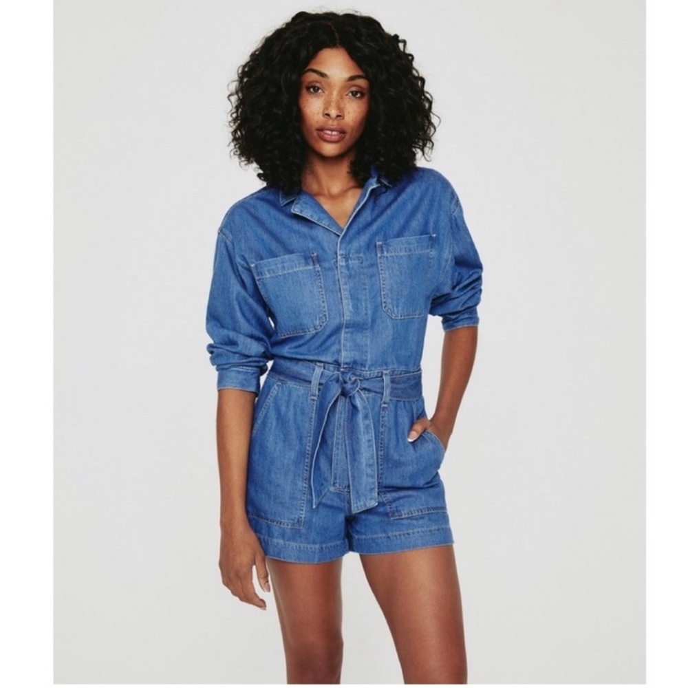 AG Adriano Goldschmied Ryleigh Tie Waist Romper Blue Jean Denim NEW Size L